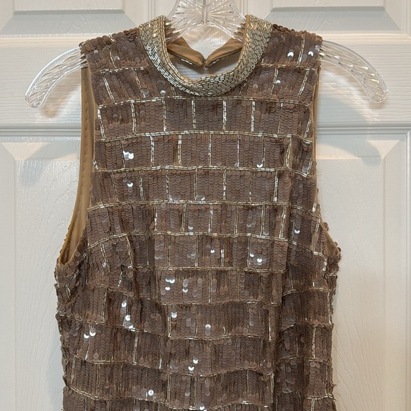 NWT Mac Duggal 10907 Sequined High Neck Sleeveless Column Gown in Taupe Size 12 - Picture 5 of 13